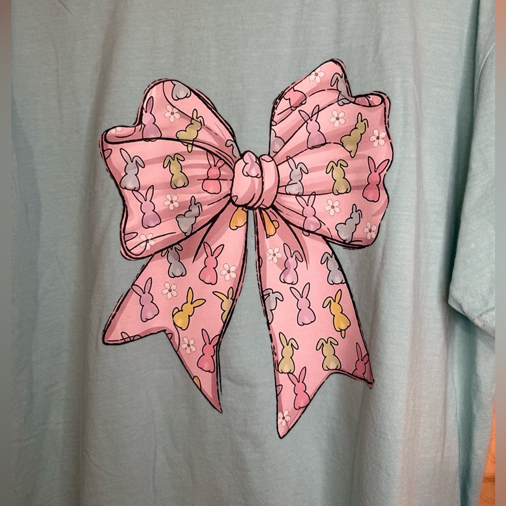 Comfort Colors Light Blue Tee with Pink Bunny Bow Graphic